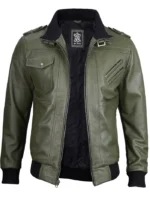 Men’s Military Green Leather Jacket with Removable Hood – Stylish & Versatile - Image 3