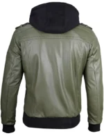 Men’s Military Green Leather Jacket with Removable Hood – Stylish & Versatile - Image 4