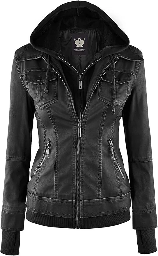 1 Women’s Hooded Faux Leather Moto Biker Jacket – Stylish Casual Coat - Image 1