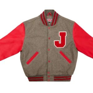 Men’s Light Oxford & Scarlet Red Varsity Jacket – Classic Wool & Leather Letterman Bomber