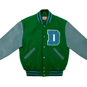Men’s Bright Kelly Green & Columbia Blue Varsity Jacket – Classic Wool & Leather Letterman Bomber