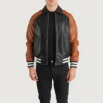 Classic Varsity Leather Bomber Jacket – Walton Black & Brown Leather Letterman