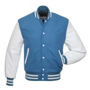 Classic Varsity Wool Bomber Jacket – Light Blue Wool & White Leather Letterman