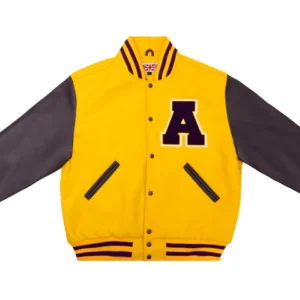Men’s Bright Yellow & Purple Varsity Jacket – Classic Wool & Leather Letterman Bomber