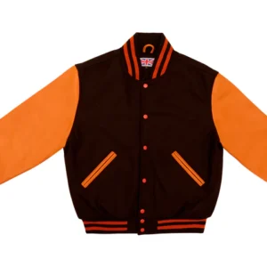 Men’s Brown & Burnt Orange Varsity Jacket – Classic Wool & Leather Letterman Bomber