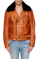 Men’s Designer Monogram Leather Biker Jacket with Fur Collar – Tan Brown