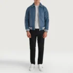 Classic Varsity Leather Bomber Jacket – Cooper Blue Leather Letterman - Image 3