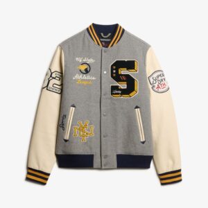 College Patched Bomber Jacket – Classic Wool & Leather Varsity Style