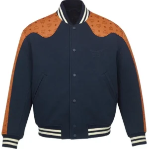 MCM Men’s Varsity Bomber Jacket – Navy Blue Wool with Brown Leather Trim | SKILLS EDGE