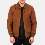 Tomchi Men’s Classic Tan Suede Leather Bomber Jacket